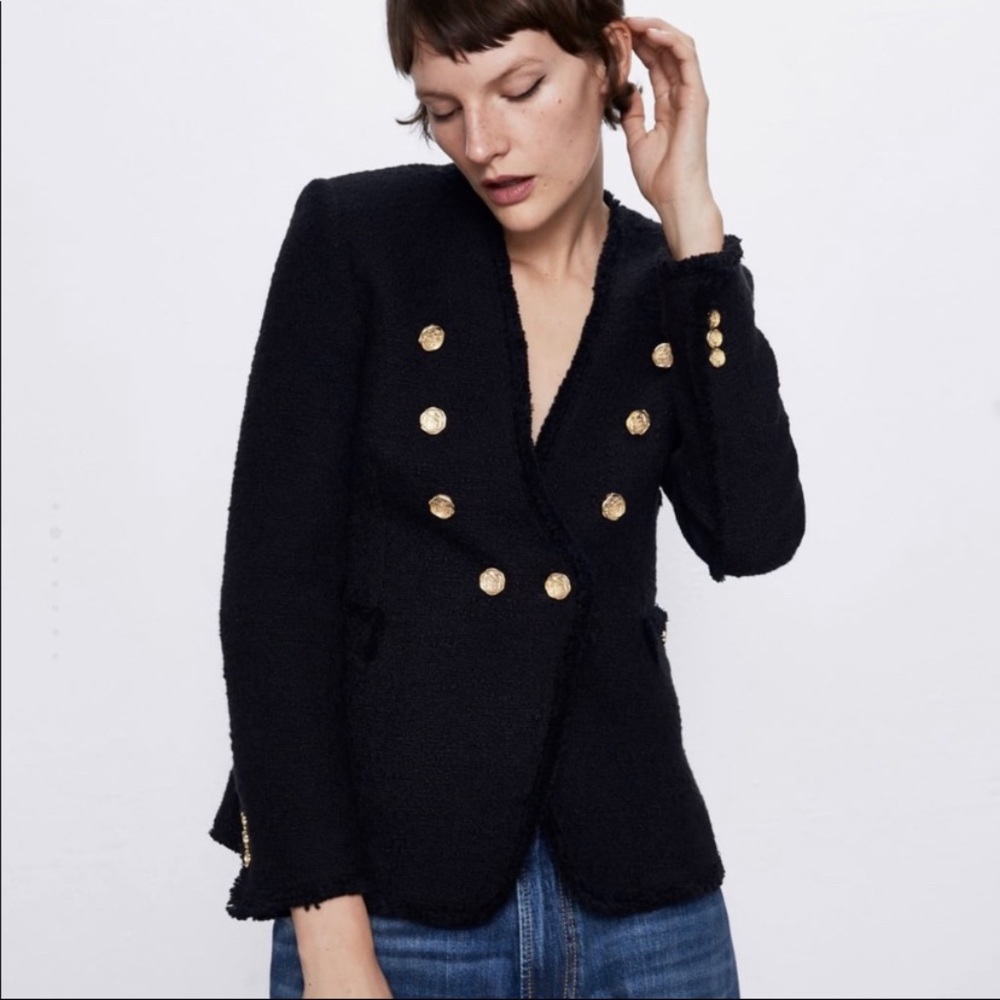 Zara Black Boucle Double Breasted Blazer Gold Buttons Classic Blogger Fav XS